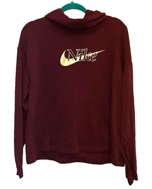 Nike Cowl Neck Hoodie Large Burgundy‎ Gold Logo Pullover Sweatshirt thumbnail 1