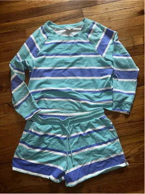 Wildfox 2-Piece Lounge Set - Striped Blue Aqua White Sweatshirt & Shorts Medium thumbnail 8