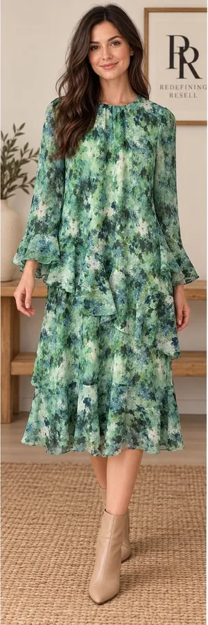 Tuckernuck Water Lillies Sasha Dress Green Floral Tiered Ruffle Midi XL NEW thumbnail 1