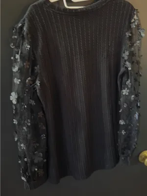 Black Knit Top with Floral Mesh Sleeves thumbnail 3
