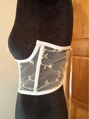 White Sheer Mesh Floral Lace-Up Boned Corset Top with Embroidered Lace thumbnail 4
