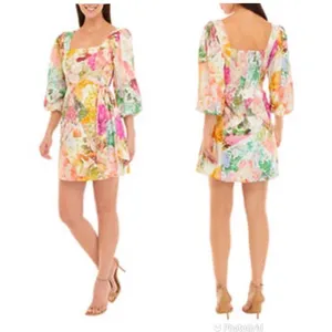 VINCE CAMUTO Floral Print Mini Dress Size 2 Pink Green Cotton‎ Linen Tie Waist thumbnail 3
