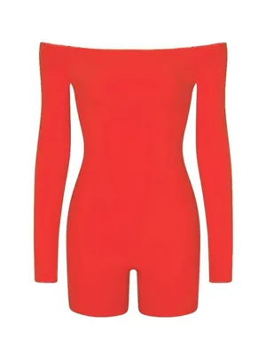 SKIMS Off-Shoulder Long Sleeve Bodysuit Romper in Ruby thumbnail 4