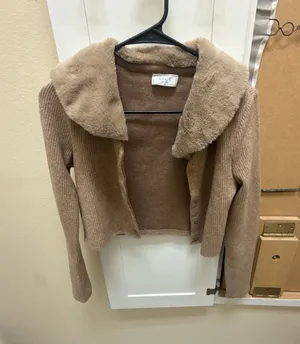 Sage The Label Faux Fur Collar Ribbed Cardigan Tan Size XS thumbnail 1