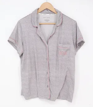 Rae Dunn Pajama Set Women's L Grey Striped Button-Down Excellent thumbnail 1