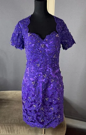 Women’s Purple Short Sleeve Formal Dress Lace Appliqué Zip Up Back Size 8 NWT thumbnail 1