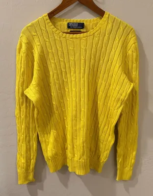 Ralph Lauren Yellow Cable-Knit Cotton Pullover Sweater – Large – 1990s Vintage thumbnail 1