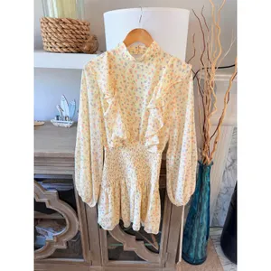 Sabo Skirt Floral Mini Dress Womens Yellow Small Smocked Ruffle Open Back thumbnail 3