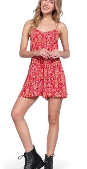 Active USA Romper Sz L Red Printed Spaghetti Adjustable Strap Elastic Waist thumbnail 1