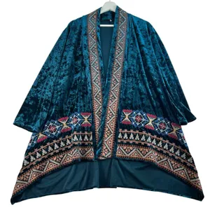 Boho Large L Crushed Velvet Kimono Embroidered Teal Open Front ANDREE By Unit thumbnail 2