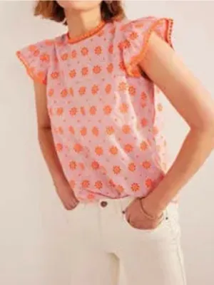 Boden Watermelon Punch Embroidered Flutter Sleeve Pom Trim Top thumbnail 1