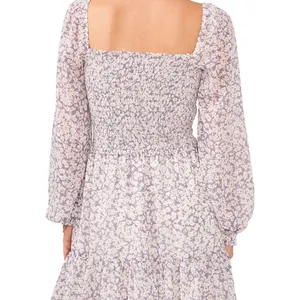 NWT 1.State Purple Floral Long Blouson Sleeve Smocked Ruffle Hem Dress thumbnail 8
