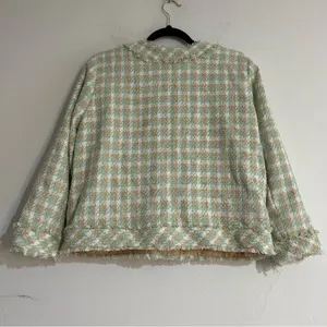 Green Pastel Tweed Fringe Blazer Size 8 Office Work Career thumbnail 8