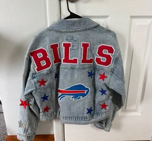 Abercrombie & Fitch Oversized Denim Buffalo Bills Patch Jacket 🦬 thumbnail 1