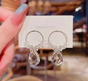 Women's Clear Crystal Teardrop Dangle Drop Hoop Earrings thumbnail 1