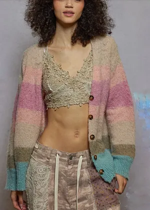 POL Relaxed Fit Multicolor Stripe Mohair Button Up Cardigan Size L Boho Sweater thumbnail 1