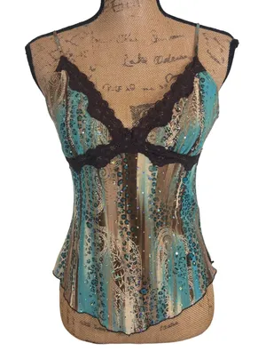 Star City Y2K Mesh Cami Top Teal Brown Lace Sequin Sheer Fairycore Mcbling Small thumbnail 1