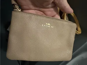 Coach Pebbled Leather Wristlet in Taupe with Gold Logo thumbnail 1