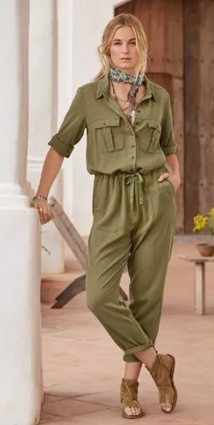 Sundance Womens Jumpsuit Green Wayside Roll Tab Sleeve Waist Tie Utility XS thumbnail 1