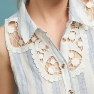 Anthropologie Maeve Edinboro Linen Top blue white‎ sz M thumbnail 5