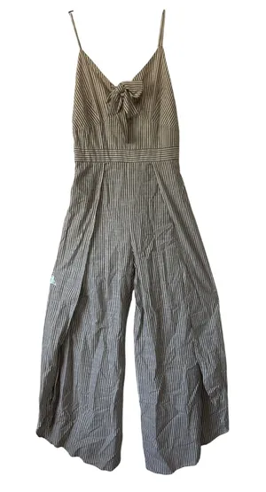 Japna Grey White Striped Tie Front Wide Leg Slit Jumpsuit Size M 100% cotton thumbnail 1
