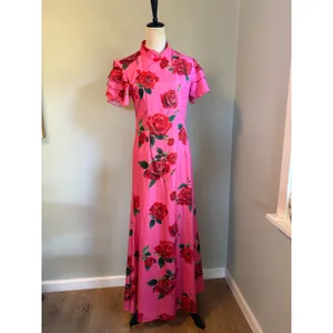 Pink Floral Rose Cheongsam Maxi Dress Mandarin Ruffle M y2k romantic dainty boho thumbnail 2