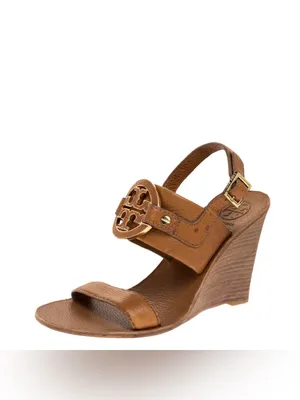 Tory Burch Amanda Brown Leather Logo Medallion Wedge Sandals Size 9.5M thumbnail 2