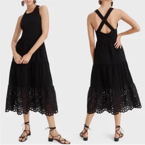 J. CREW Tiered Cotton Black Boho Eyelet Hem Summer Boho Long Dress S thumbnail 2