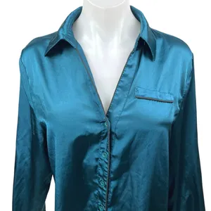 Ekouaer Blue Silk Satin Long Sleeve Collar Button Mini Nightgown Shirt Dress M thumbnail 3