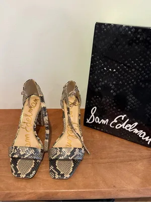 Sam Edelman Snake-Print Ankle-Strap Block Heels in Beige and Black thumbnail 2