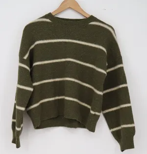 FRIFUL Sweater Womens S Pullover Olive Green Striped Knit Crew Neck Excellent thumbnail 1