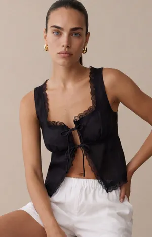 kourt Odette Linen Black Tie Front Minimalist Romantic Airy Lace Trim Top NWT 6 thumbnail 1