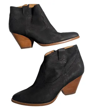 Frye Reina Black Burnished Suede Block Heel Pointed Toe Western Ankle Boots Sz 7 thumbnail 1