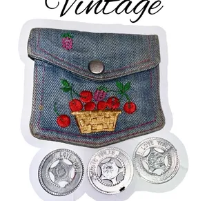 Vintage denim cherry basket coin purse • button pouch • with lucky coins thumbnail 1