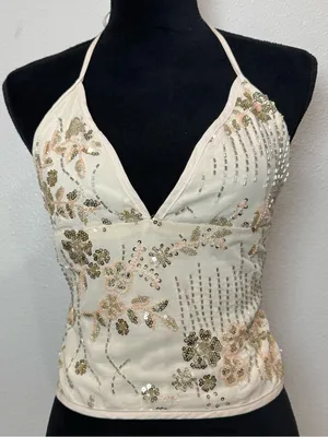 Y2k Sequin Beaded Halter Top Ivory Fairycore Coquette Party Going Out Corset thumbnail 2