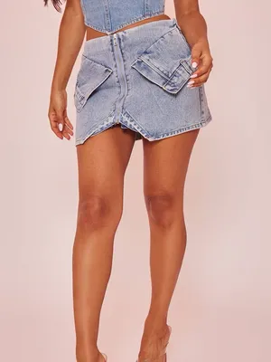 NWT PrettyLittleThing Petite Light Blue Wash Mini Pocket Front Denim Skirt Sz 2P thumbnail 6