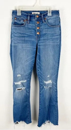 MADEWELL Cali Demi-Boot Button Fly Flare Leg Ripped Denim Jeans 25 Preppy Casual thumbnail 1