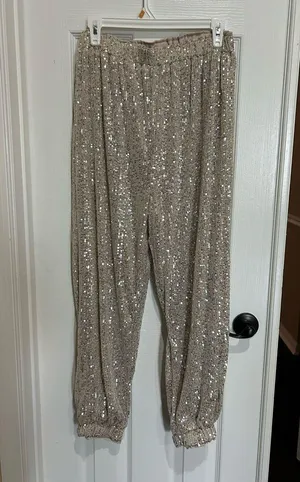She + Sky Sparkling Sequin Joggers in Beige/Gold Medium thumbnail 1