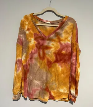 BiBi Colorful Pink Yellow Tan Colorful Tie Dye Waffle Knit Top Shirt thumbnail 5
