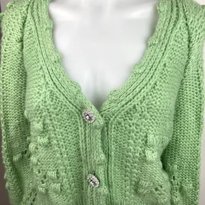Sunday Up Green V Neck Popcorn Crochet Knit Button Down Cardigan Sweater Top S thumbnail 3