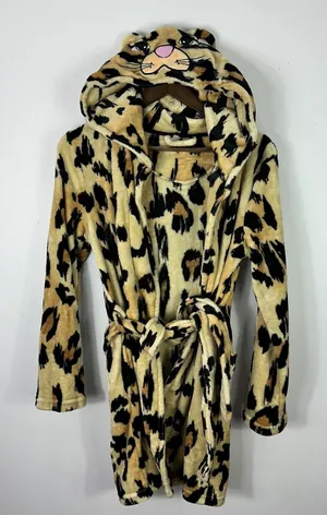 ASOS Leopard Print Robe Womens XS Tan Black Hooded Fleece Animal‎ Loungewear thumbnail 1