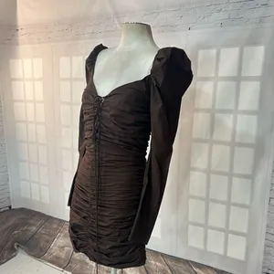 🔥5/$25 sale🔥 Zara Brown Long Sleeve Puff Sleeve ruched Body con Dress Size S thumbnail 7