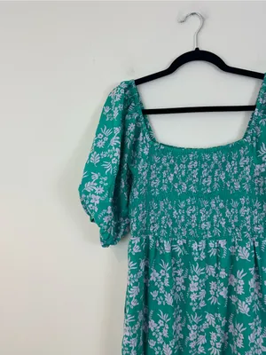 THML Boutique Teal Floral Puff-Sleeve Midi Dress Size Large Women's thumbnail 2