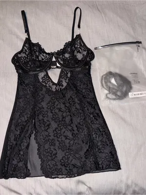 Shein Small Black Lace Mesh High Slit Mini Lingerie Dress, Rhinestone Wired Cups thumbnail 3