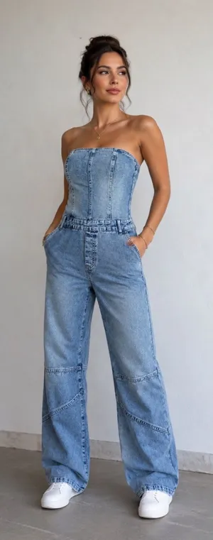 Strapless Wide Leg Denim Jumpsuit Size L‎ Light Wash Blue Seam Detail Y2K Romper thumbnail 1