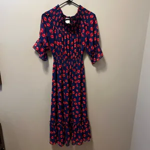 MISA Off Shoulder Midi Dress Blue Red Floral Boho Romantic Cottagecore Flowy‎ MD thumbnail 3