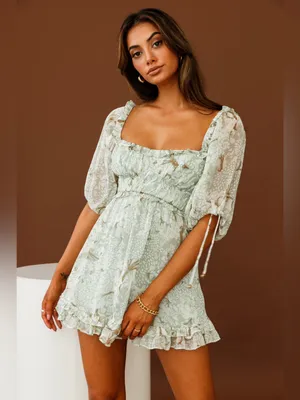 Selfie Leslie Kirra Sage Botanic Print Puff Sleeve Ruched Mini Dress XS New NWT thumbnail 4