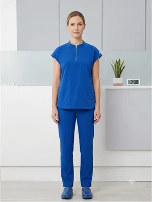 Healing Hands 360 Sandy Scrub Top Royal Blue Zip Stand Collar Stretch Womens M thumbnail 3