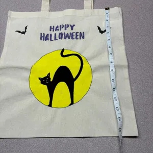 Hand Painted Black Cat Halloween Cotton Tote Bag thumbnail 4