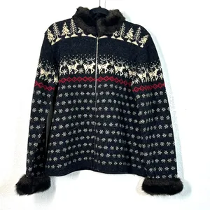 Skyr Wool Nordic Fair Isle Ski Cardigan Sweater Fur Trim M Apres Ski Cabincore thumbnail 2